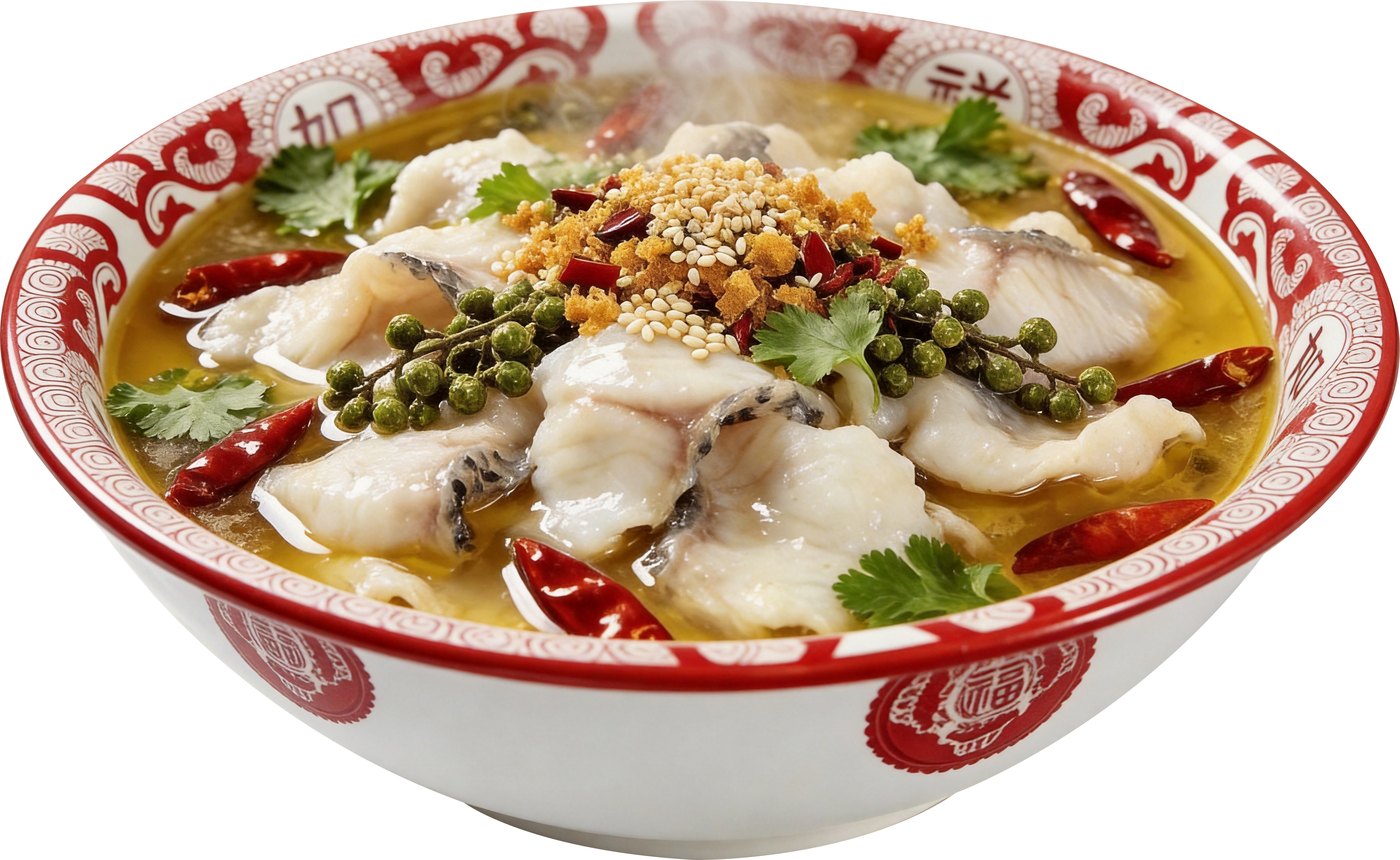 京都粥店快炒厨房椒麻鱼或鲜麻汤底鱼类菜品实拍